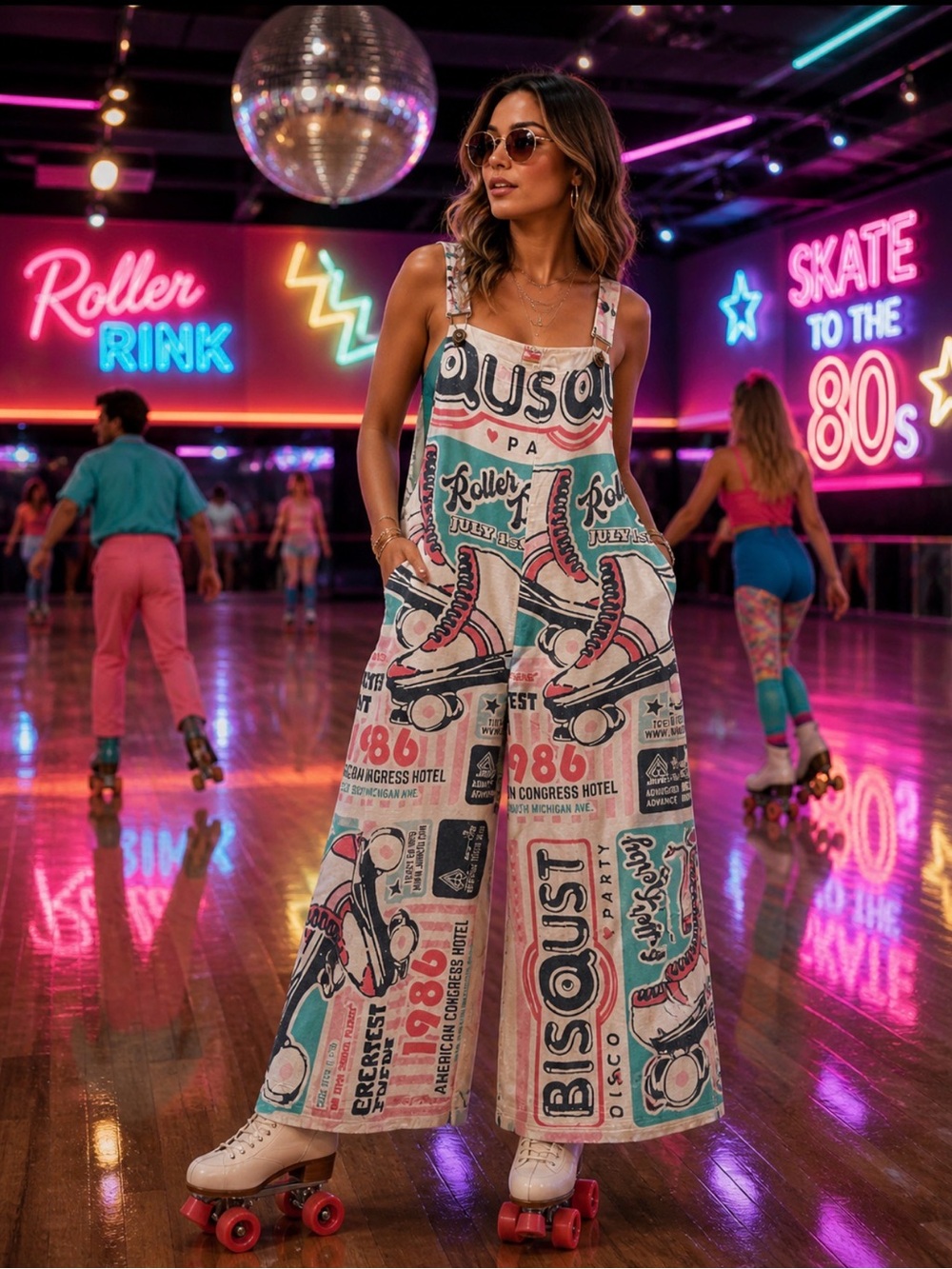 Retro Poster-Print Wide-Leg Jumpsuit in Multicolor